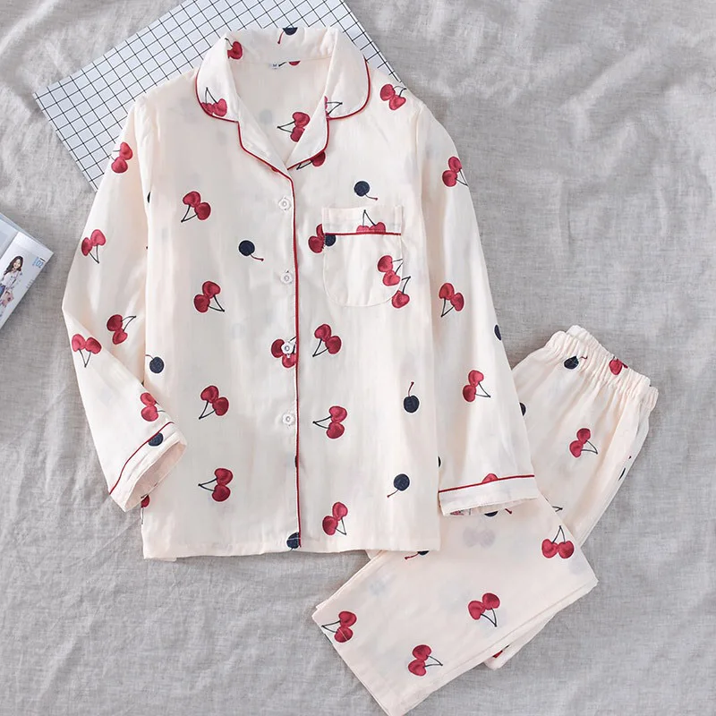 Spring And Autumn New Lady's Pajamas Set Cherry Printed Gauze Cotton Turn-down Collar Long Sleeve Trousers Household Wear