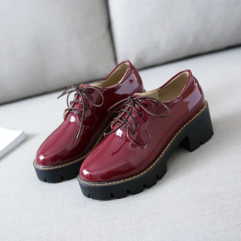 New Patent Leather Square Heel Women Pumps Casual Lace-Up Women Oxford Shoes Fashion High Heels Shoes Woman Platform Women Shoes (22)