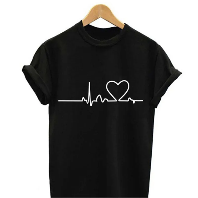 Женская футболка с коротким рукавом белая черная принтом Heartbeat Love|Футболки| |