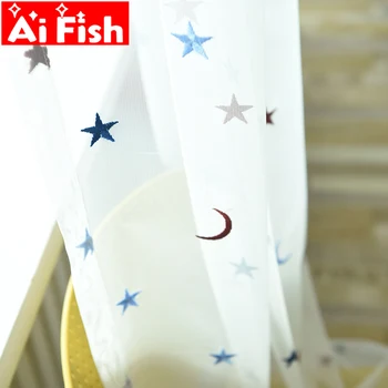 

Simple Modern Colorful embroidered Stars Moon Window Screens Sheer Tulle Curtains For Living Room White Balcony Yarn my056-40