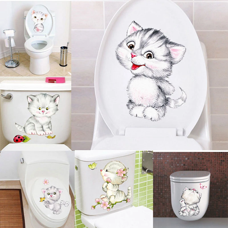 Cute Baby Cat Toilet Stickers For Washroom Home Decoration Diy Cartoon Animal Mural Arts Pvc Wall Decals