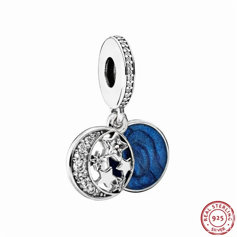 

925 Sterling Silver Midnight Blue Enamel Clear CZ Vintage Night Sky Pendant Beads DIY Fit PANDORA Charms for Women Jewelry FL477