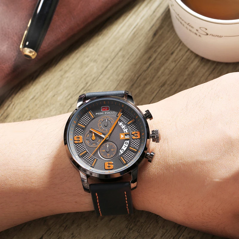  MINI FOCUS Men's Quartz Watches Waterproof Leather Strap Army Military Sports Wristwatch Man Relogi