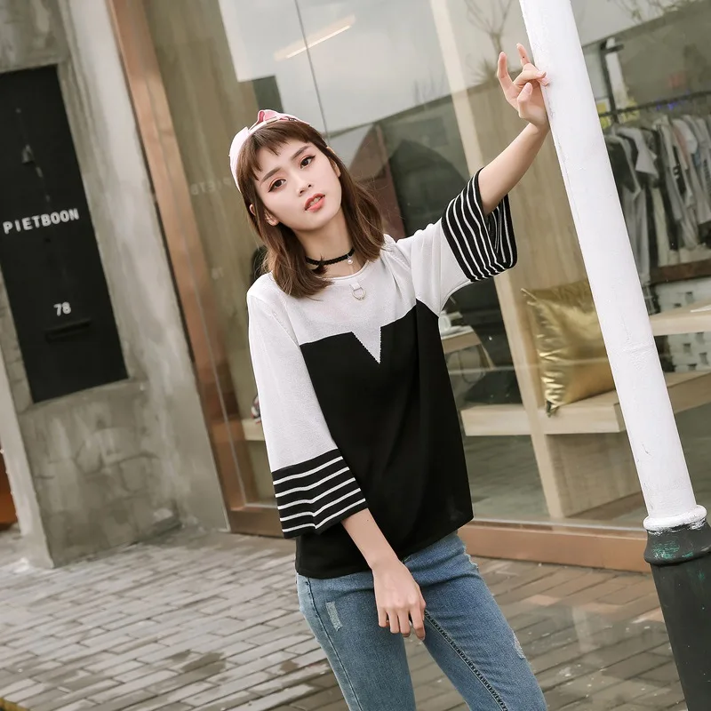 

College Wind Thin Three Quarter Flare Sleeve Striped Pullover Women Knit Sweaters Patchwork Tops Korean Pull Femme Jumper Female