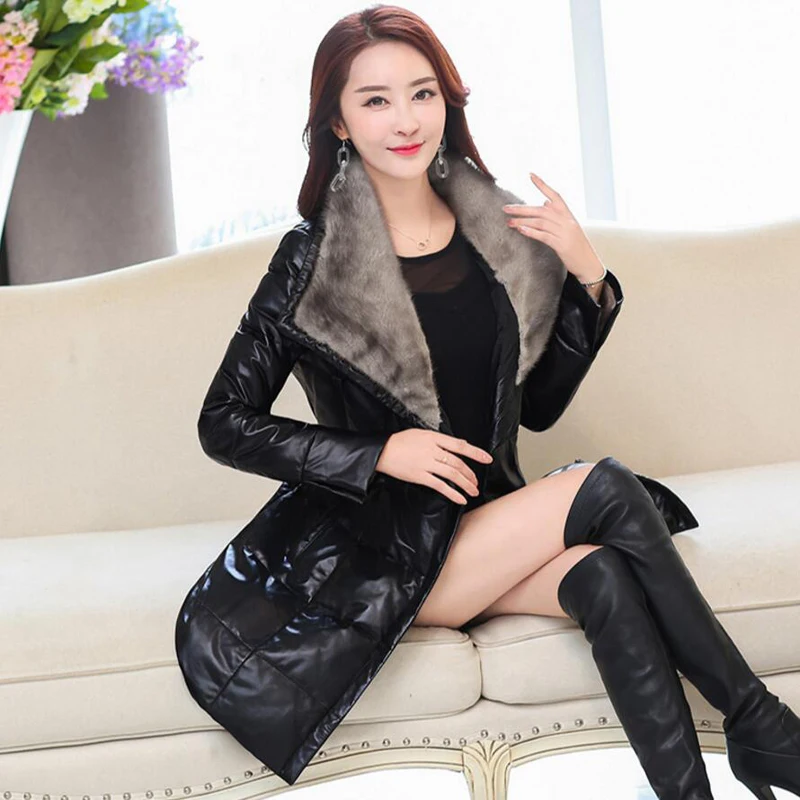 Winter Leather Down Coat Women High Quality Down Jacket 2018 Female High Imitation mink fur collar Thick and warm long Jacket Winter Leather Down Coat Women High Quality Down Jacket 2018 Female High Imitation mink fur collar Thick and warm long Jacket