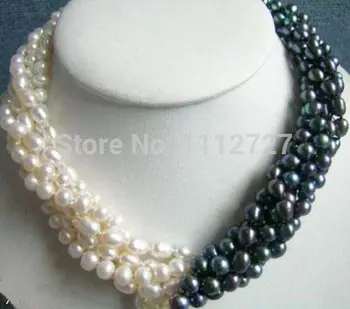 

women Fashion Jewelry 5rows 7-8mm 2014 new fashion white & black Akoya Cultured Shell Pearl necklace Beads Jewelry Natural Stone