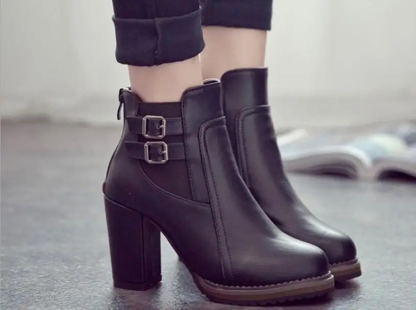 Autumn Buckle classic large size Women Boot Autumn spring Short shoes Women High Heel Shoes women Boots Women Ankle Boots Black