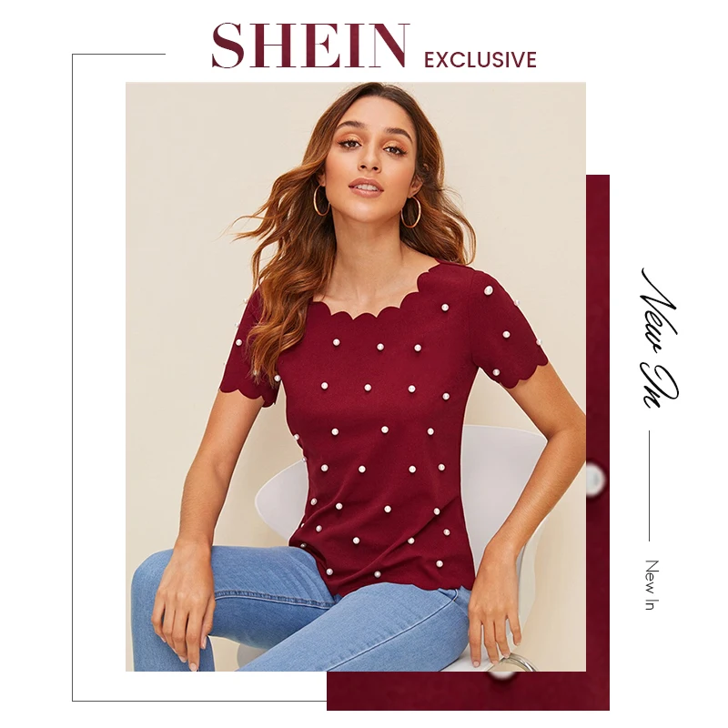 SHEIN модный топ, украшенный жемчугом, с фигурной отделкой,, однотонный, элегантный, облегающий, летний, короткий рукав, женская одежда, топы и блузки