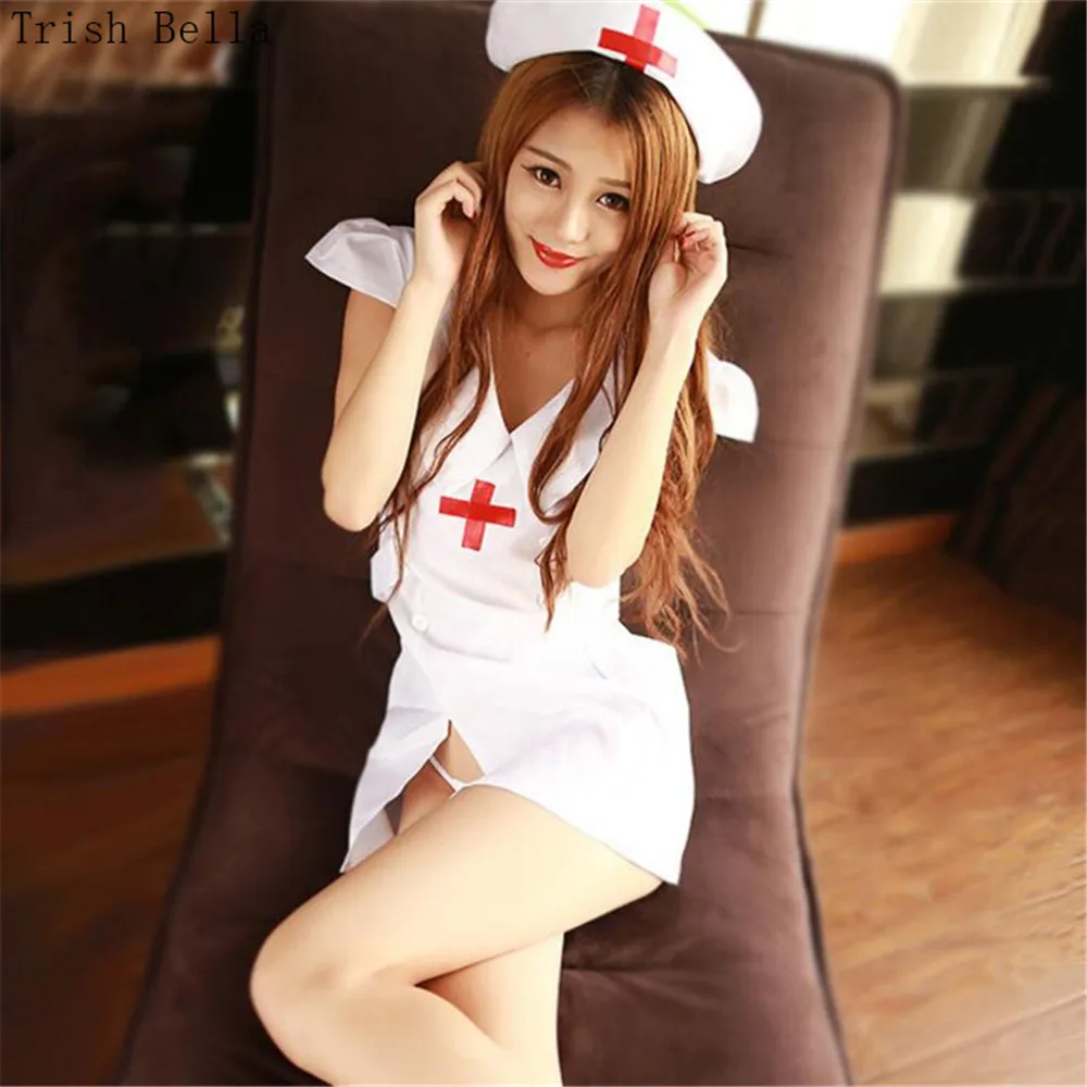 

white Lapel Button Forking belt Hollow out Nurse Play suit Pajamas sexy lingerie babydoll sexy underwear lenceria erotic porno