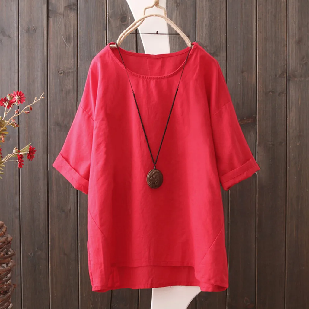 

Women Summer Vintage Solid Loose Blouse Fashion Short Sleeve Cotton Linen Lady Tops tee shirt femme O-neck Plus Size Pullover