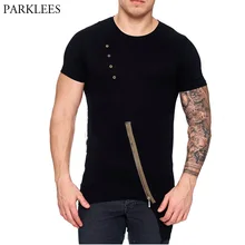 Мужская хипстерская футболка с асимметричным подолом и пуговицами,, модная футболка с круглым вырезом и коротким рукавом, Мужская Уличная футболка в стиле хип-хоп на молнии