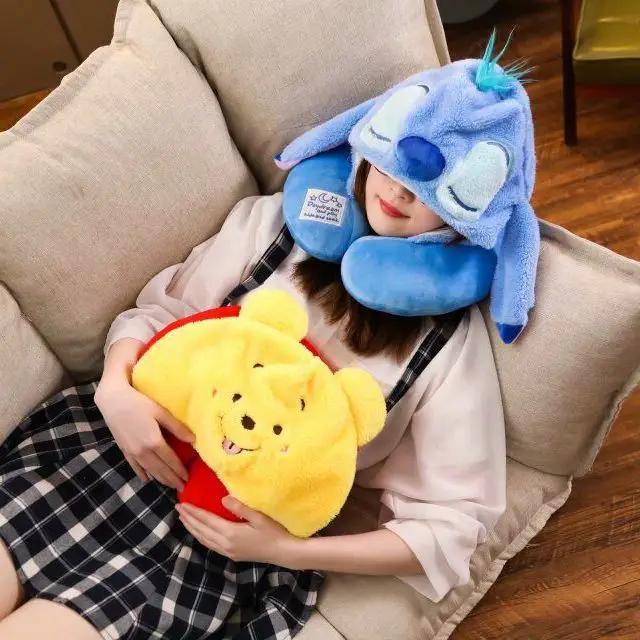 Disney Stitch plush doll car travel neck pillow hat u-shaped pillow office nap pillow portable aircraft sleep lady neck pillow