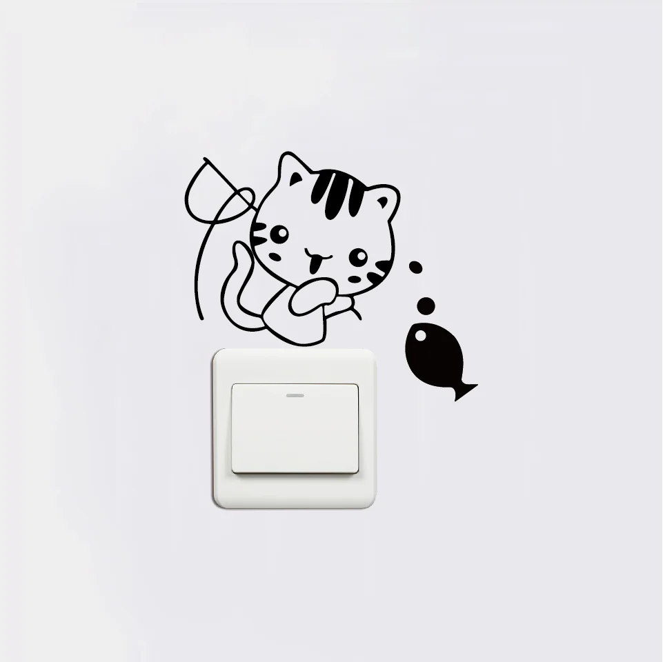 Cute Kitten Fishing Switch Sticker Creative Cartoon Cat Vinyl Wall Sticker for Kids Room Bedroom Home Decor Cute Kitten Fishing Switch Sticker Creative Cartoon Cat Vinyl Wall Sticker for Kids Room Bedroom Home Decor