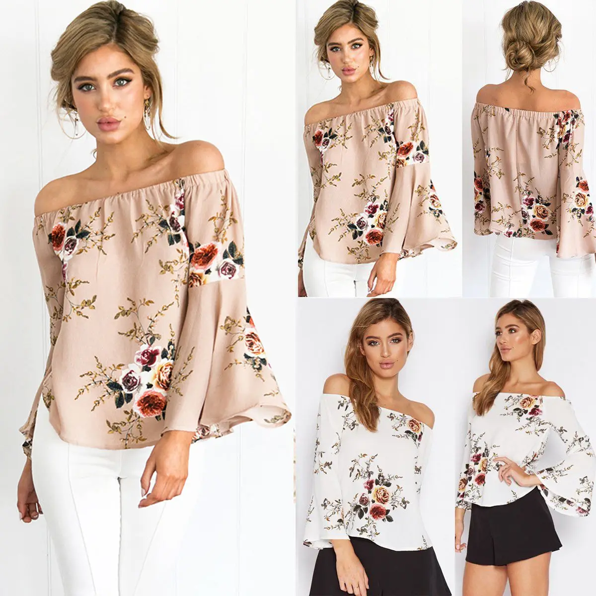 

Casual Blouse Loose Sexy Women's Off Shoulder Tops Long Sleeve Shirt Flower