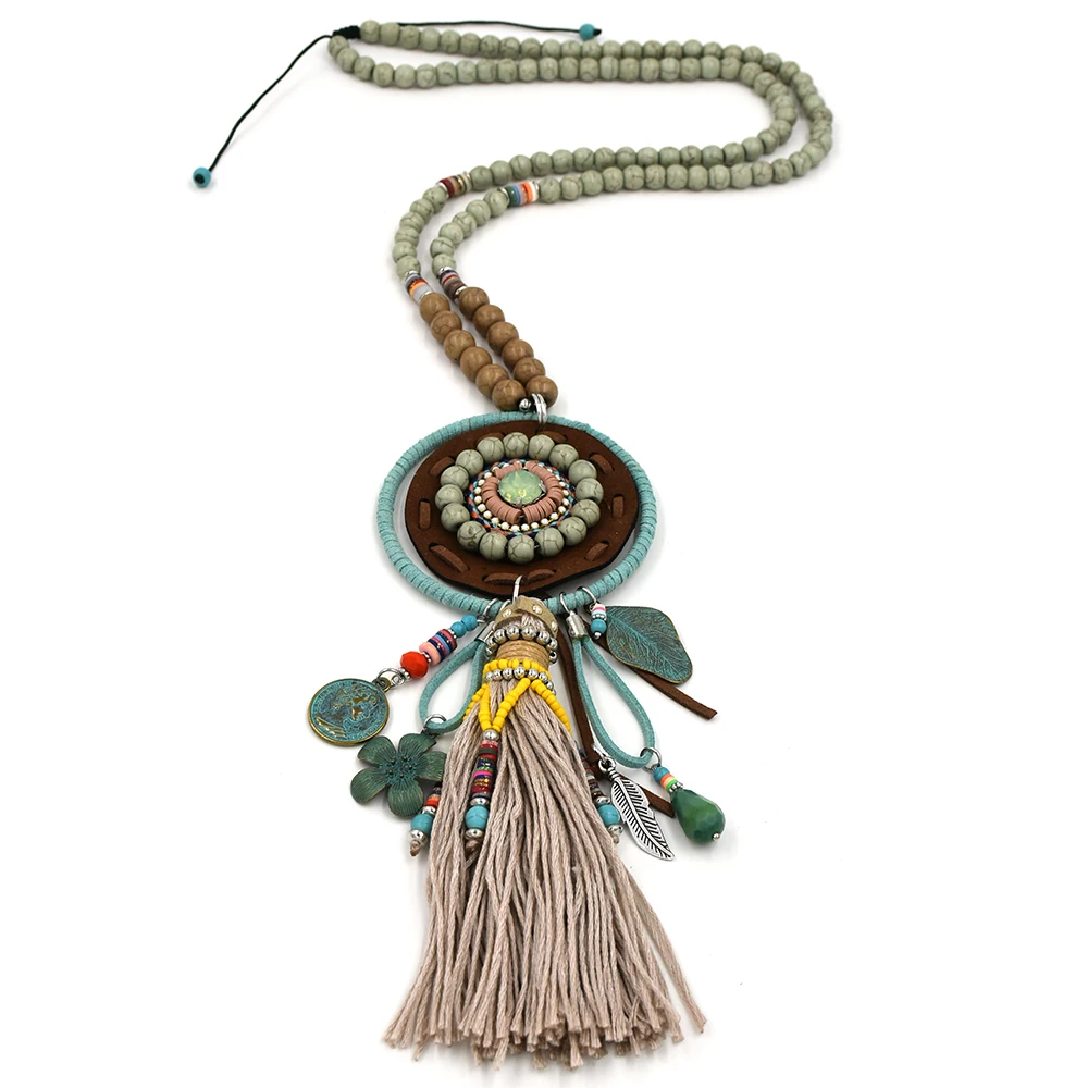 Handmade vintage Bohemian Dream catcher charm necklace green stone beads chain cotton tassel Pendant necklace for women