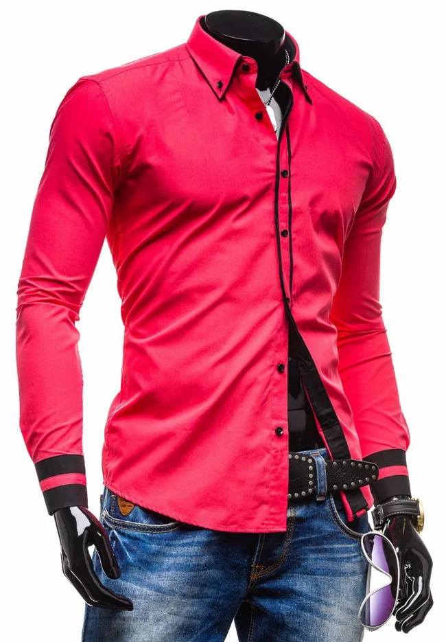 2015 новые брендовые ленты манжеты модные контрастные цвета мужские рубашки с длинным рукавом Slim Fit повседневные мужские рубашки Social