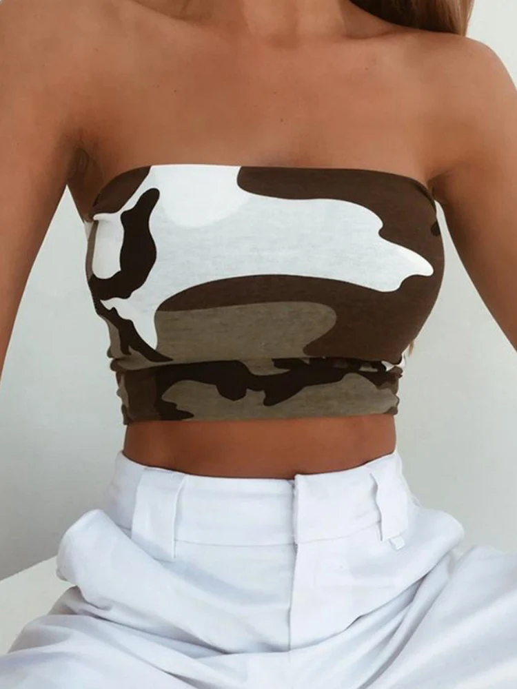 

New Women Casual Strapless Bustier Crop Top Bodycon Bandeau Camisole Camouflage Tank Tube Tops Fashion Shirt