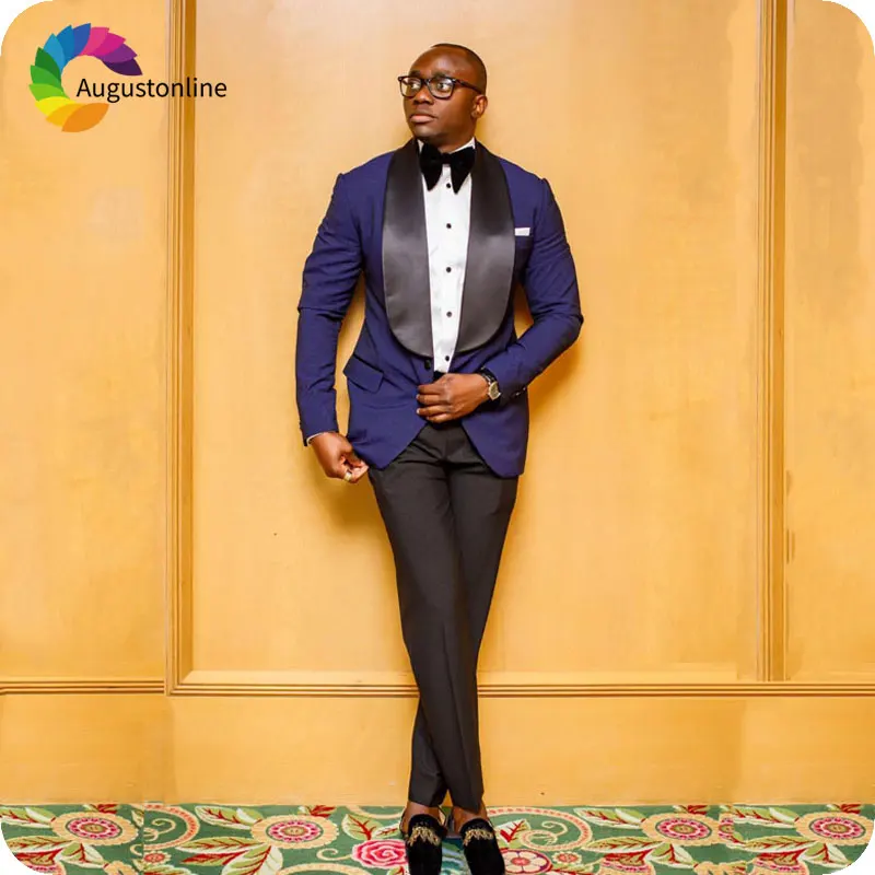 

Royal Blue Men Suits for Wedding Black Wide Shawl Lapel One Button Slim Fit Groom Tuxedos Male Blazer Ternos Costume 2Pieces