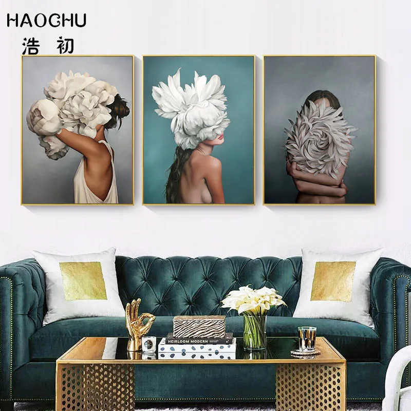 

HAOCHU Posters and Prints Flowers Feather Sexy Women Character Canvas Painting Wall Pictures For Living Room Home Decoration