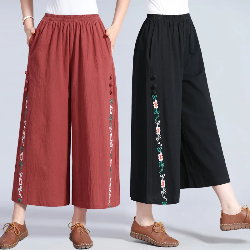 

2019 New Spring Women High Waist Wide Leg Pant Ladies Vintage Floral Embroidery Ankle-Length Pants Plus Size 3XL