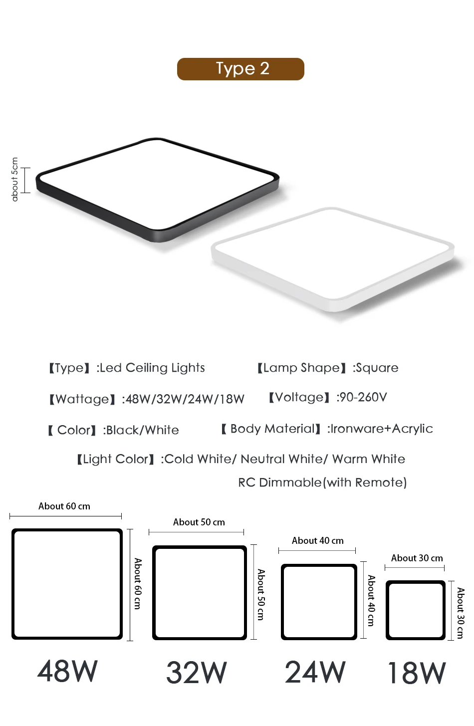 LED Ceiling Light Ultra-thin 5CM LED Mordern Simple Lamp Black White Round Square for Living Room Bedroom Foyer Dinning Room