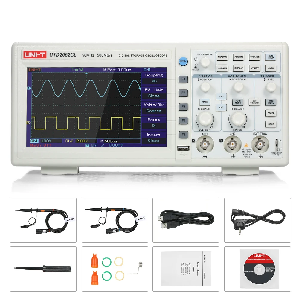 UTD2052CL цифровой осциллограф двухканальный 50 МГц полоса пропускания 500 мс/с скорость передачи образца USB связь