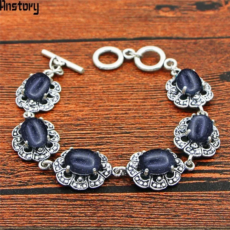 Oval Sequins Dark Blue Stone Bracelet Plum Flower Design Vintage Look