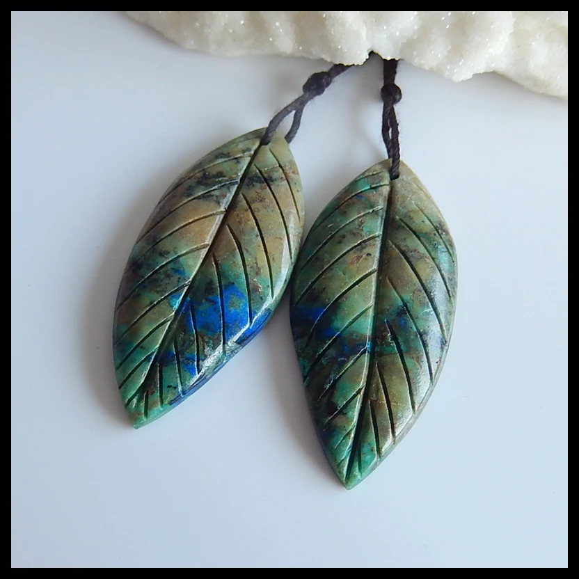 

Fashion jewelry,Natural Gemstone Carved Leaf Chrysocolla fashion women Earring Bead,43x19x5mm,1.5g