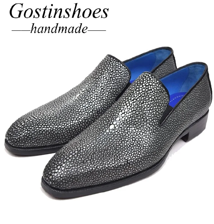GOSTINSHOES/роскошные мужские официальные туфли ручной работы в итальянском стиле; модельные туфли с острым носком без застежки из кожи ската; оксфорды; SCF22 - Цвет: Серебристый
