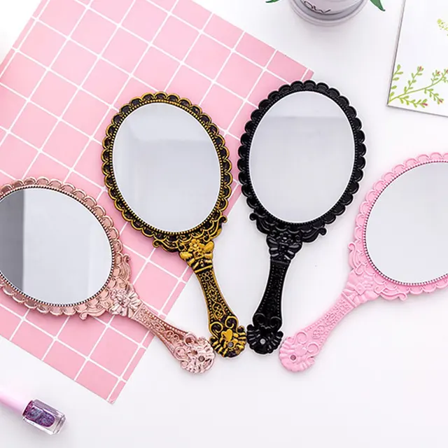 $US $1.96  Vintage Handhold Makeup Mirror Pink Repousse Floral Oval Round Cosmetic Hand Held Mirror With Handl