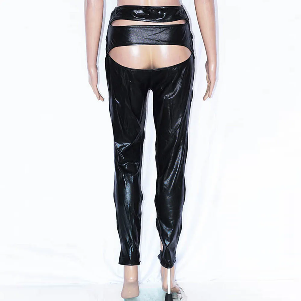 Wetlook Vinyl Pant Women Black Novelty Hollow Out Apparel Open Hip Fetish Leggings Clubwear Leather Pole Dance Hot Pant (6)