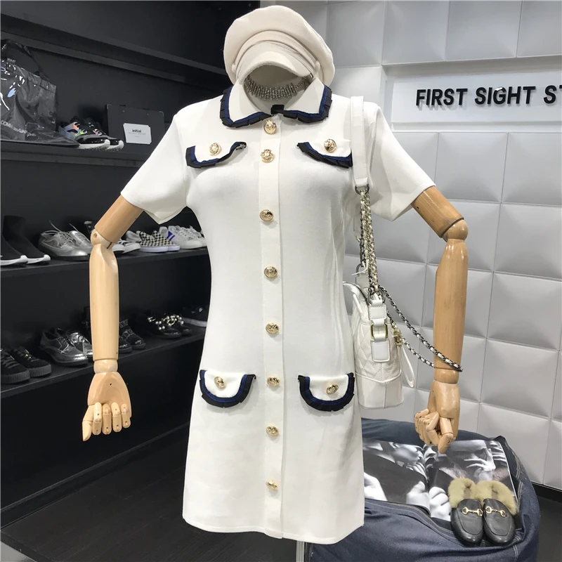 

Amolapha Women Turn Down Collar Single Breasted Fake Pocket Knit Dress Pretty Knitting Swater Dresses Vestiods