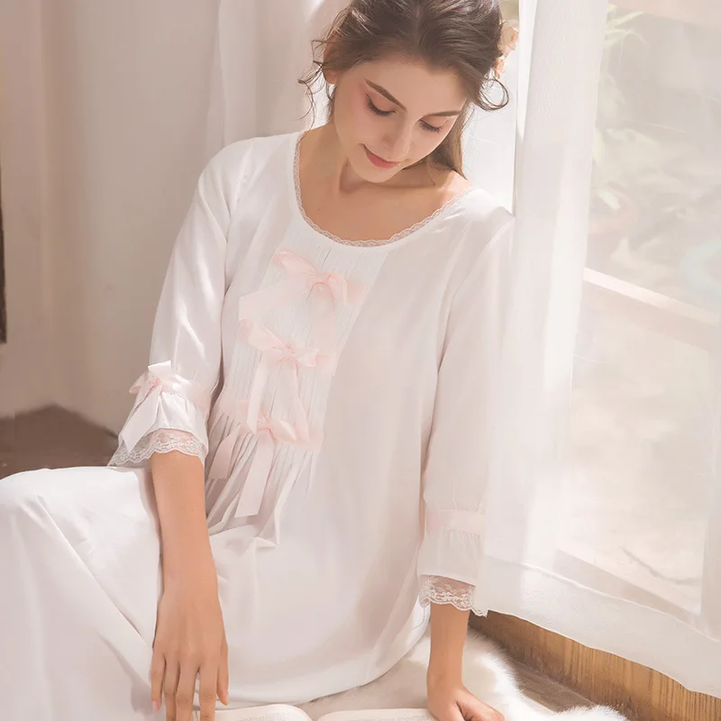 

Palace Princess Sleeping Dress Ladies Three Quarter Sleeve Women Nightgown Home Wear Nightshirt Plus Size Bow Nightwear