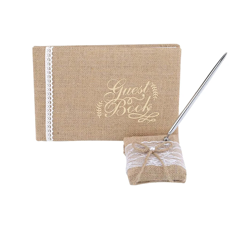 

Personalized Sign Book+Pen Kit Rustic Wedding Guestbook Custom Guest Book Jute White Lace Mesh Girl Party Decoration Guest Book