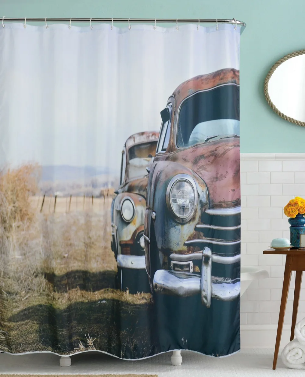 3D Old Car Bathroom Shower Curtains Waterproof Polyester Fabric Bath