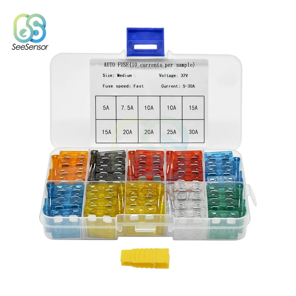 

100Pcs Medium Car Fuses 5A 7.5A 10A 15A 20A 25A 30A Amp Auto Blade Fuse Set with Box Clip Assortment