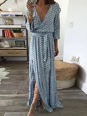 

Women Summer Boho Long Maxi Beach Dress Vintage V -neck Dresses Cocktail Party Beach Dresses Sundress