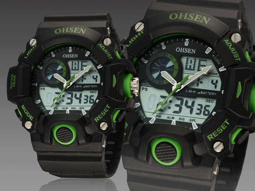 OHSEN Цифровые кварцевые мужские наручные часы для дайвинга будильник Дата резиновый ремешок ЖК-дисплей Спорт на открытом воздухе Зеленый модные крутые часы мужские подарки