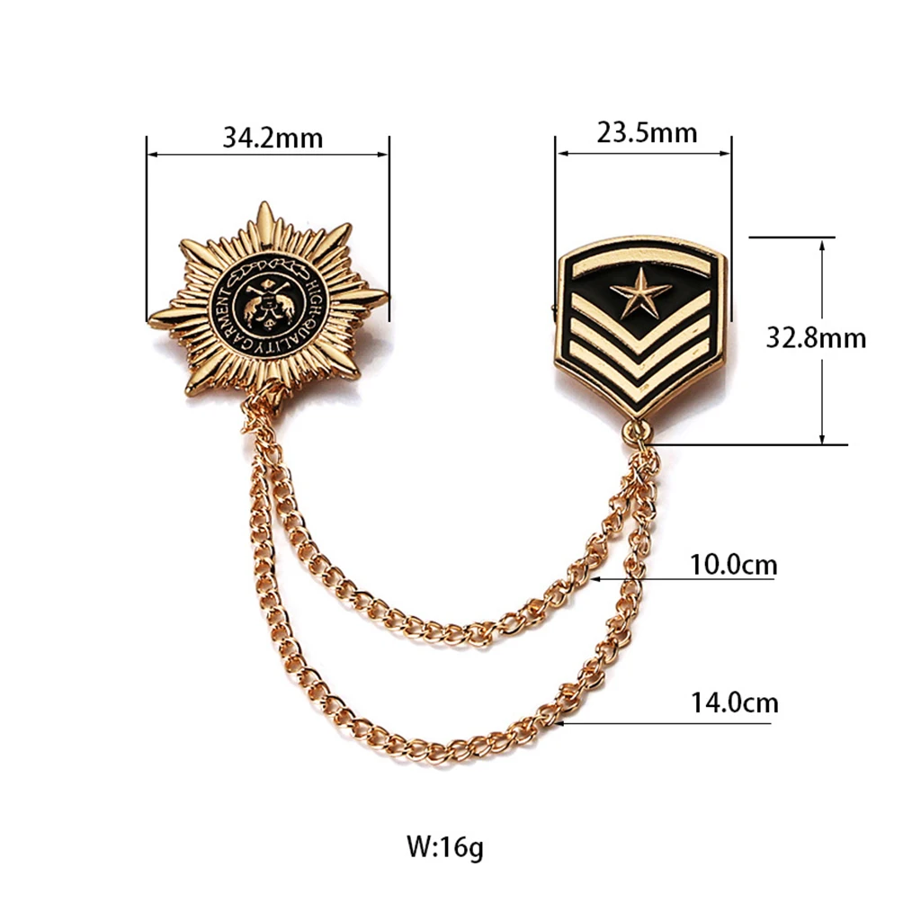 Vintage Retro Gold Tassel Chain Brooch Pins Anise Star Shield Army Medal Ornaments for collars hats handbags clothes suits