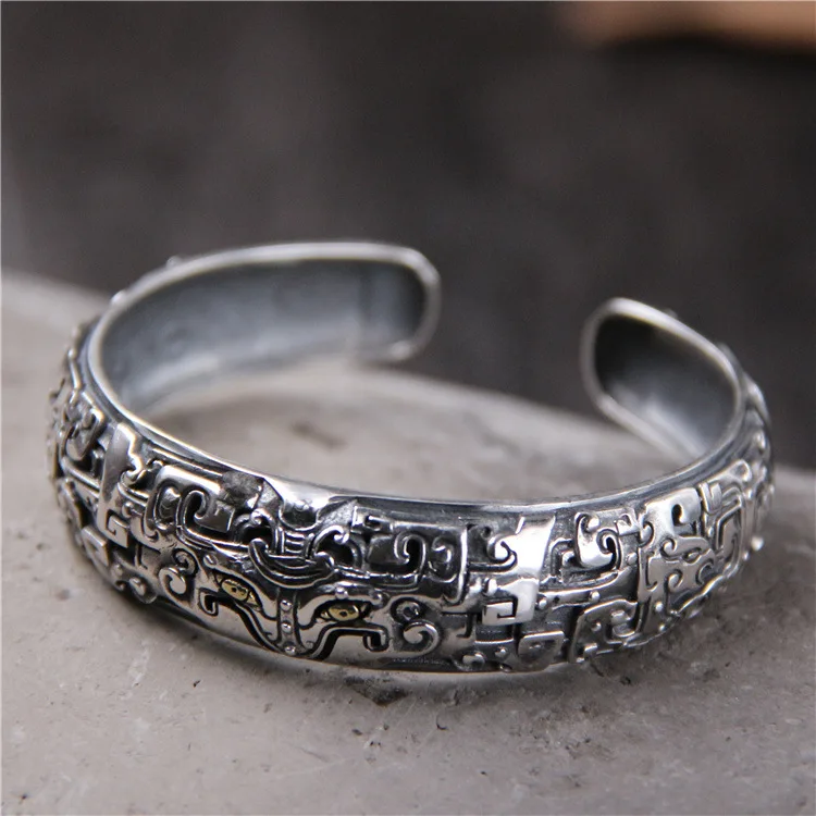 Starfield S925 Sterling Silver Retro Thai Silver Embossed Men Women Personality Punk Style Open Ended Bangle