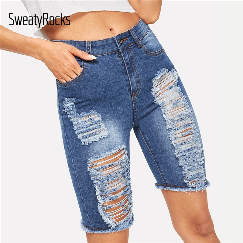 

SweatyRocks Blue Zip Fly Ripped Denim Shorts Women Streetwear Casual Skinny Shorts 2019 Fashion Pocket Summer Stretchy Shorts