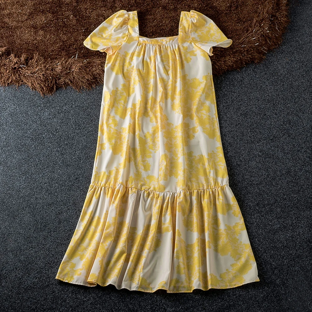 

Flower Print Yellow Loose Mid Calf Dress Women Square Short Sleeve Ruffle Hem Vestidos Elegant Square Collar New Womens Dresses