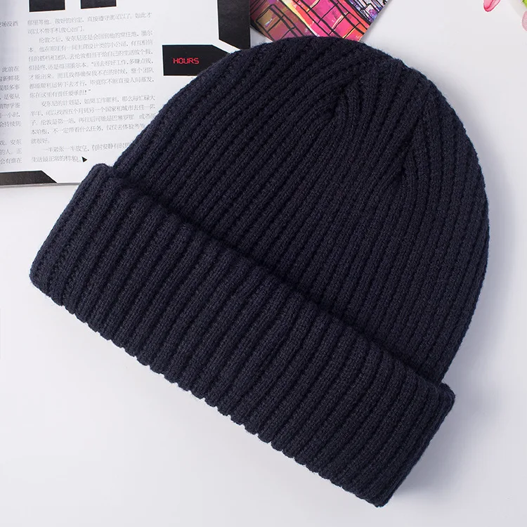 dark blue Новые зимние милые шапки для женщин, мужские шапочки, модные толстые вязаные шапки, твердая шляпа осенний нагреватель, Повседневные вязаные шапки - Цвет: dark blue