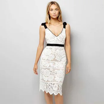 

Elegant White Midi Lace Dresses 2018 New Fashion Women Sleeveless V Neck Celebrity Evening Party Bodycon Bandage Dress Vestidos