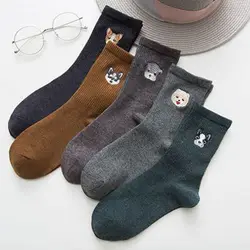 1 пара, Модные Носки с рисунком собаки, теплые носки осень-зима, женские хлопковые носки, милые носки с вышивкой животных