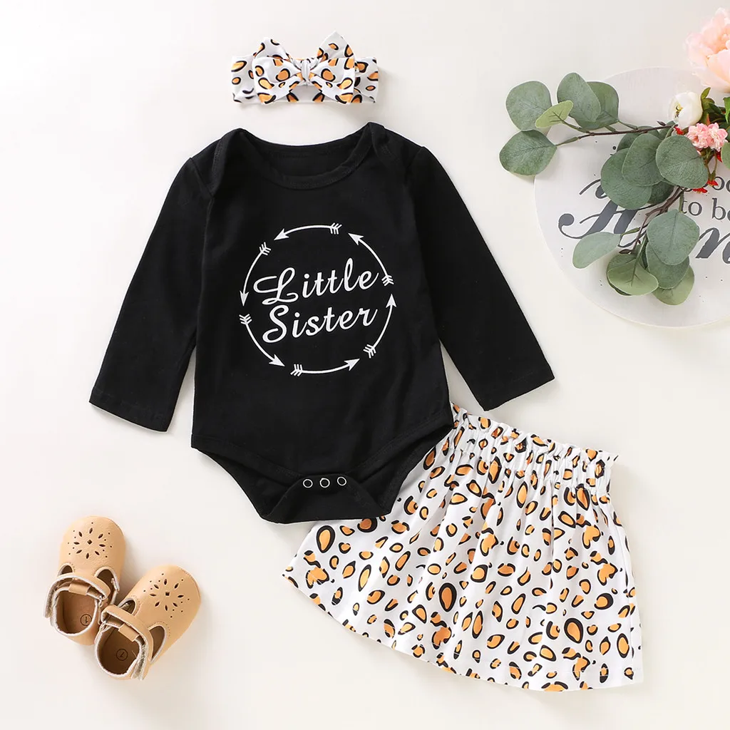 

Toddler Kids Baby Girls fall clothes Letter Romper Leopard Print Skirts HairBand Outfits Sets fashion clothing baby born kleding