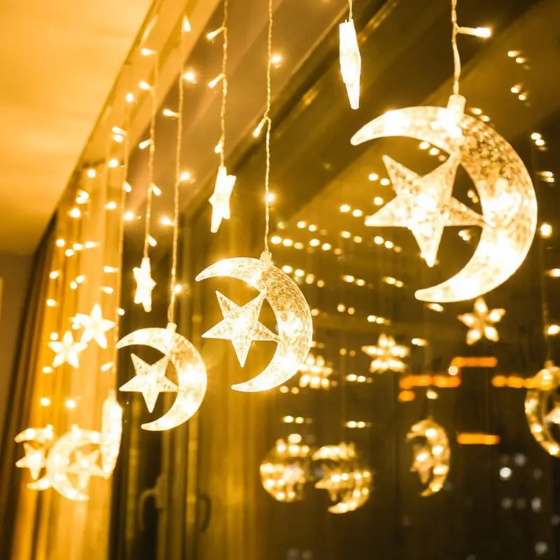2.5M 138LED Star Moon String Lights Curtain Fairy Light Home Bedroom