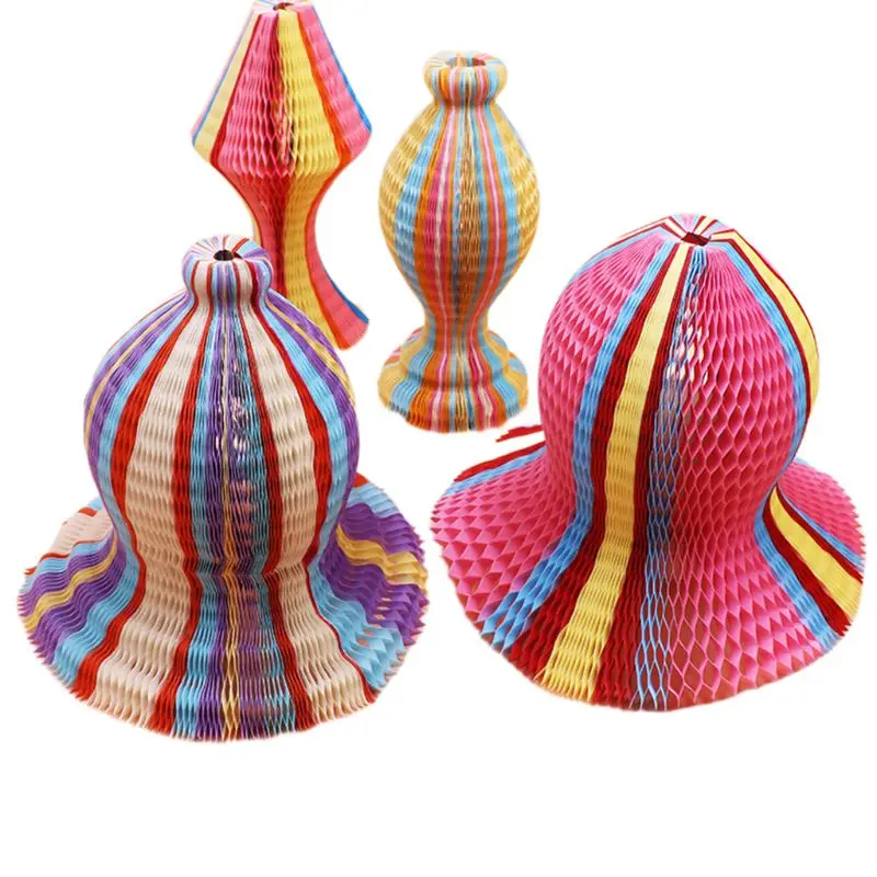 

Summer Unisex Women Children Magic Honeycomb Paper Vase Hats Contrast Rainbow Colored Travel Folding DIY Sun Cap Party Favors