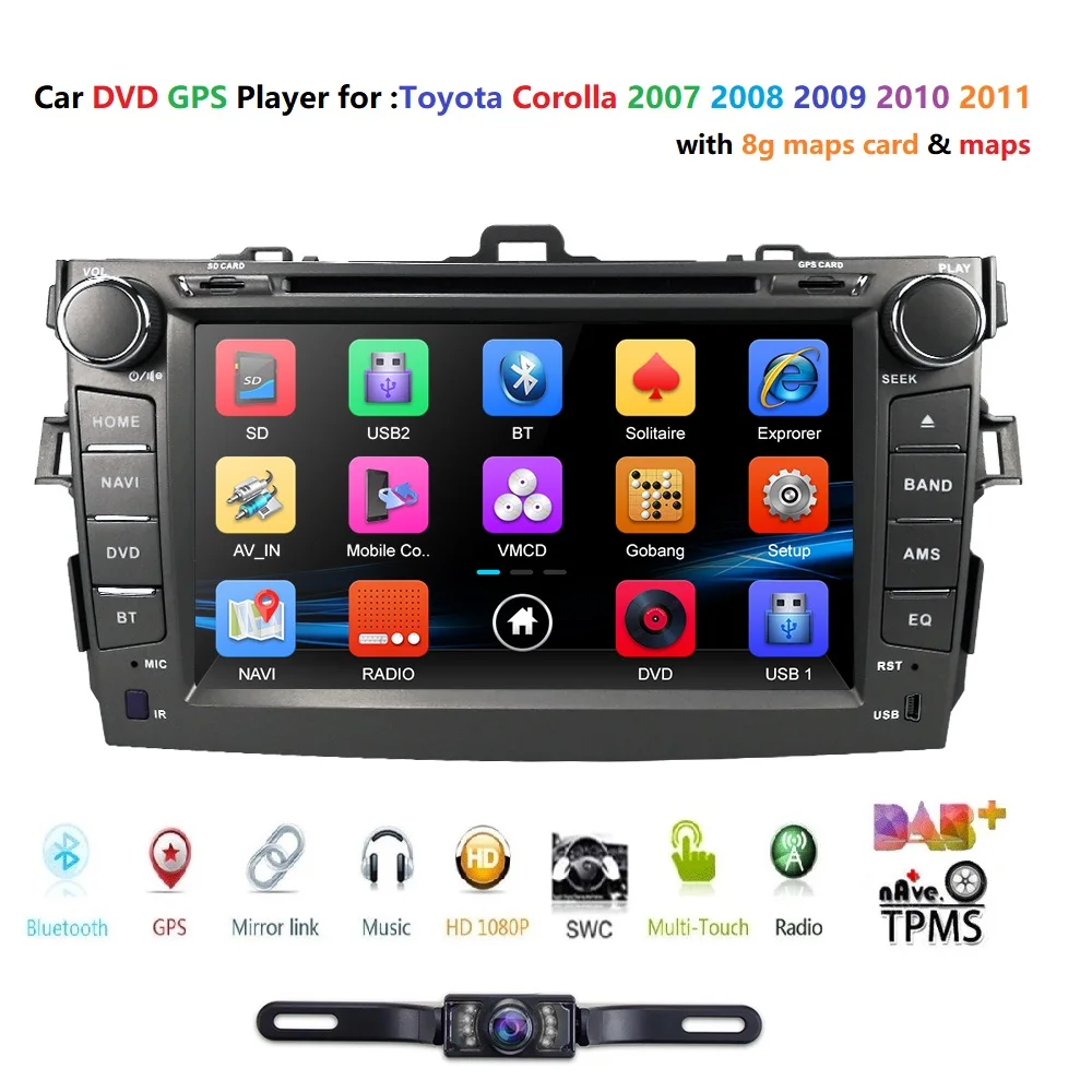 For Toyota Corolla 2007-2011 GPS Navigation 8&quot Car Stereo 2 DIN DVD Player Radio BT Subwoofer/Output/TPMS/DAB+/Mirrorlink/3G/RDS |