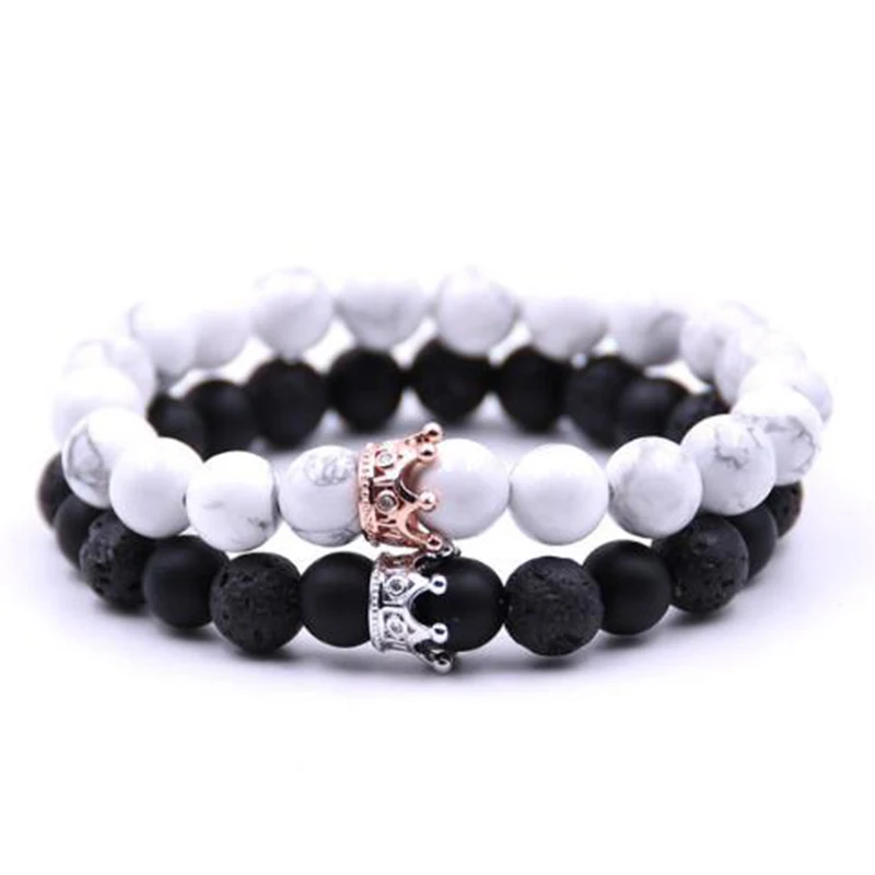 

Couple Bracelet Charms Stone Beads Men Jewelry Crown Bracelets Bangles Pulseira Masculina Bileklik Pulseira Feminina For Women